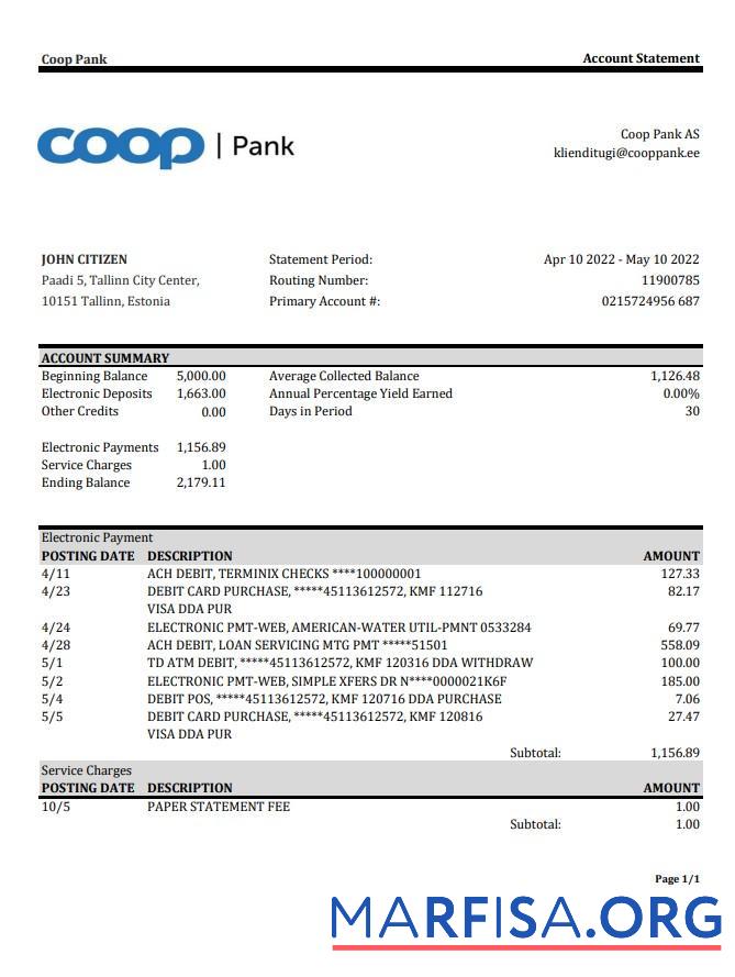 Downloadable Estonia Coop Pank bank statement excel example